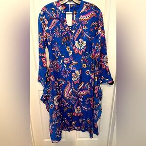 MANGO Women’s Blue Floral Long Sleeve Lena Bow Tie Front Dress Size 6 NEW